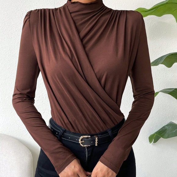 Brown Casual Womens Solid Ruched Mock Neck Tee - Picture 2 of 6